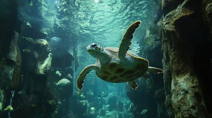 Fototapeta premium Underwater sea turtle swimming in aquarium.