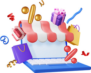 3D awning in computer and gift bags and boxes