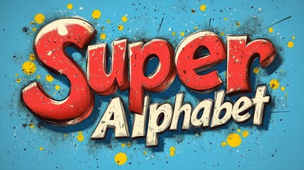 3D cartoon style "Super Alphabet" text design with grunge texture and paint splatters on blue background.