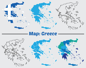 Greece country map set. internal provinces borders marked, Simple map of Greece vector drawing, Filled and outline.