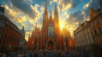 A majestic cathedral illuminated by sunset, surrounded by a large crowd in a vibrant atmosphere.