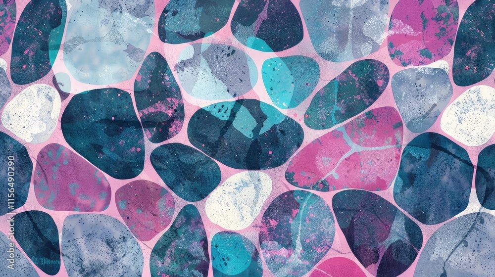 Poster abstract design featuring colorful, irregular shapes resembling pebbles on a textured background.