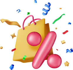3D shopping bag with percent sign in confetti