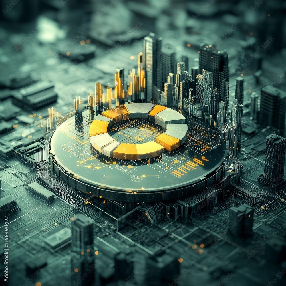 Poster futuristic cityscape data analysis digital tablet 3d render graph chart technology