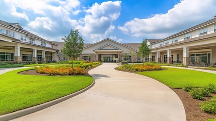 Obraz premium Senior care facility exterior with well-maintained garden and welcoming entrance. Emphasizing comfort and dignity in elderly living environments.