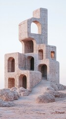 Modern Brutalism Architecture  Concrete Building  Desert Landscape  Steps