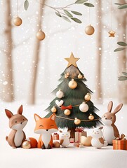 Christmas and New year card concept. A whimsical holiday scene featuring a decorated Christmas tree with adorable animal figures, including a fox and rabbits, in a snowy setting.
