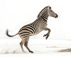 A zebra jumping with legs extended, its striped body in a dynamic pose against a white backdrop