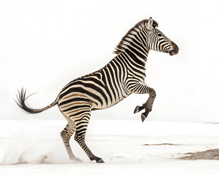 A zebra jumping with legs extended, its striped body in a dynamic pose against a white backdrop