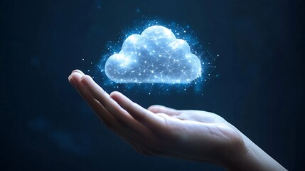 Close-up Photo: Gently Holding a Sparkling Digital Cloud Illustration. AI Generated