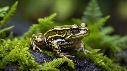 Fototapeta premium In the Wild: A Northern Tinker Frog Resting on a Vibrant Moss-Covered Rock