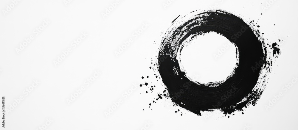 Poster abstract black ink circle on white background with rough textures and negative space for creative te