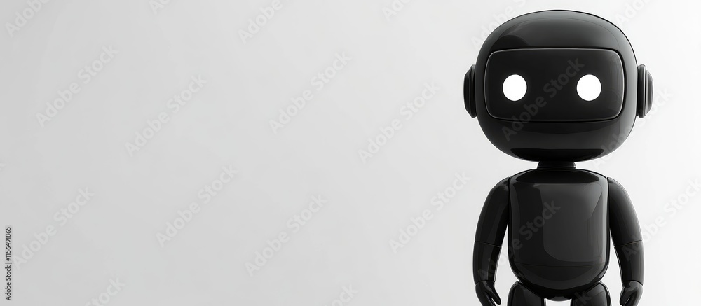 Poster black humanoid robot design with artificial intelligence features and empty text space for futuristi