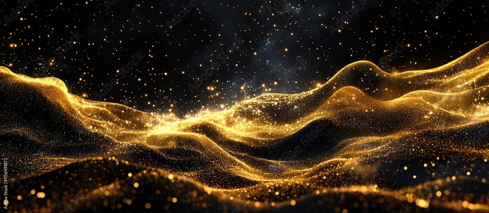 Poster abstract composition of golden waves flowing through a cosmic landscape with vibrant nebulas and spa