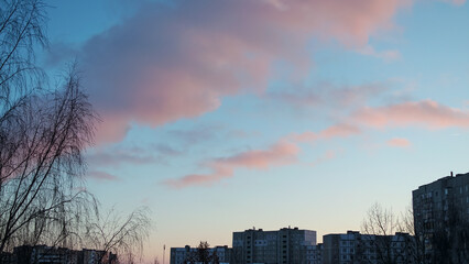 View of a residential area in Eastern Europe in autumn after sunset