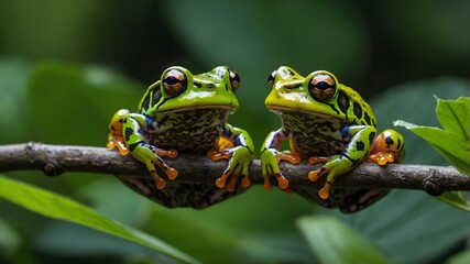 Obraz premium Branch Adventures: Northern Tinker Frogs in a Playful Leap on a Leafy Limb