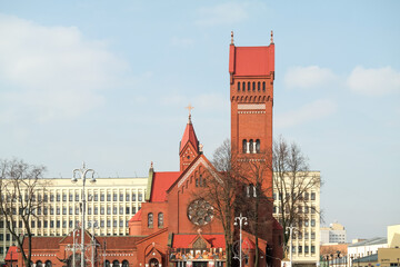 The building of the red church on the central square in Minsk (Belarus)