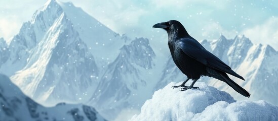Black crow on snowy mountain ridge against blue sky with empty space for text showcasing nature's beauty and wildlife in winter landscape