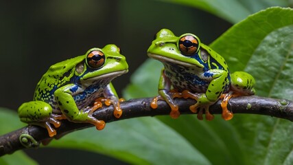 Fototapeta premium Playful Leap: Two Northern Tinker Frogs Interacting on a Leafy Branch