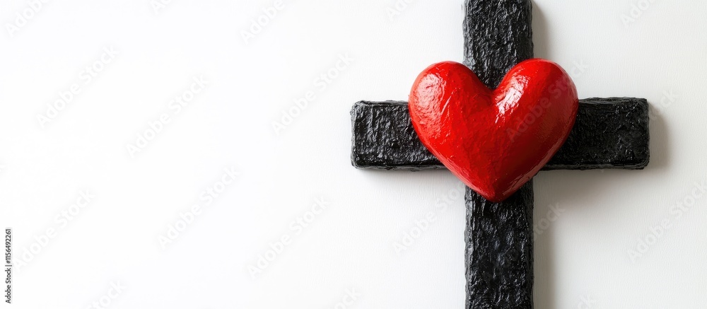 Poster black cross and red heart on white background with blank space for custom text or message