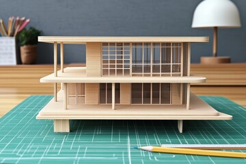 Fototapeta premium Minimalist home architecture design model on a blueprint
