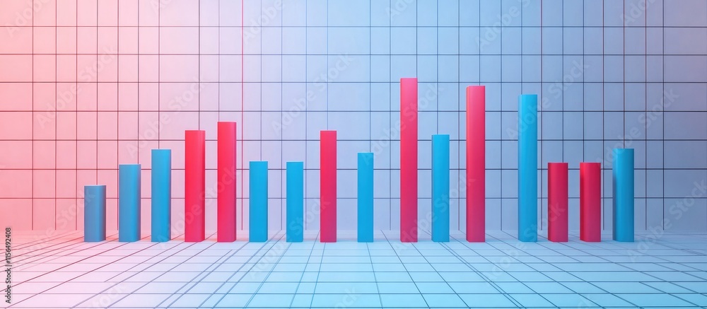 Poster financial bar chart visualization with blue and red bars on a light blue grid background featuring c