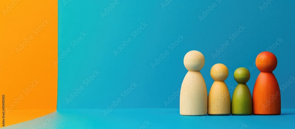 Poster colorful wooden figures representing friendship and communication on a vibrant background with space