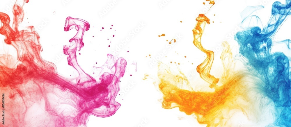 Poster vibrant ink splashes in red orange blue and pink creating artistic patterns with empty space for tex