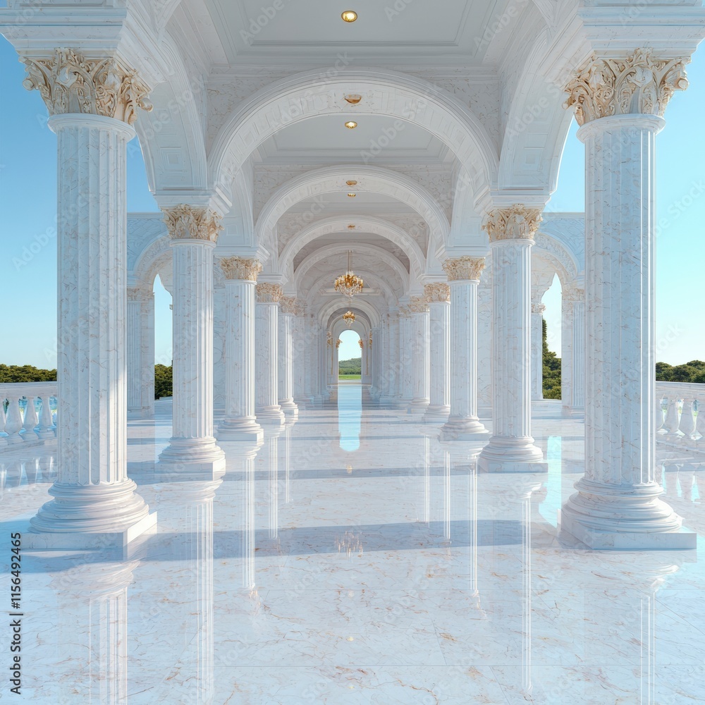 Poster elegant classical architecture marble columns archway hallway