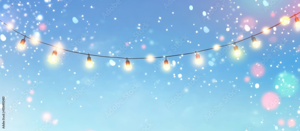 Poster string lights banner against a soft blue sky background with empty space for text ideal for festive 
