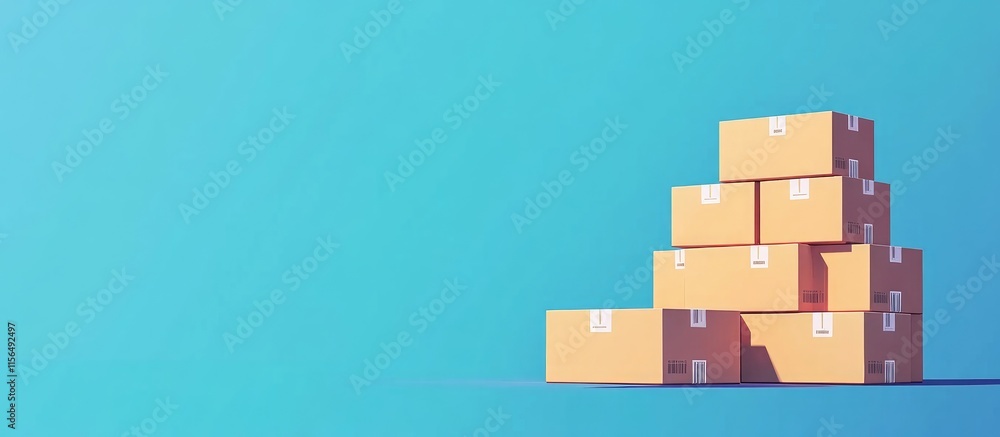 Poster stacked cardboard boxes ready for loading and unloading with blue background and ample empty space f