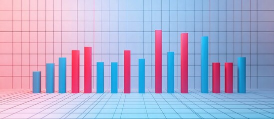 Fototapeta premium Financial Bar Chart Visualization with Blue and Red Bars on a Light Blue Grid Background Featuring Copyspace for Text and Data Analysis
