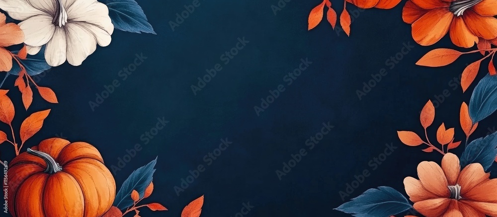Poster autumn pumpkin and floral border on deep navy background with ample empty space for text or design a