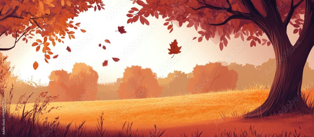 Poster autumn landscape in nature park with colorful foliage and empty space for text promoting environment