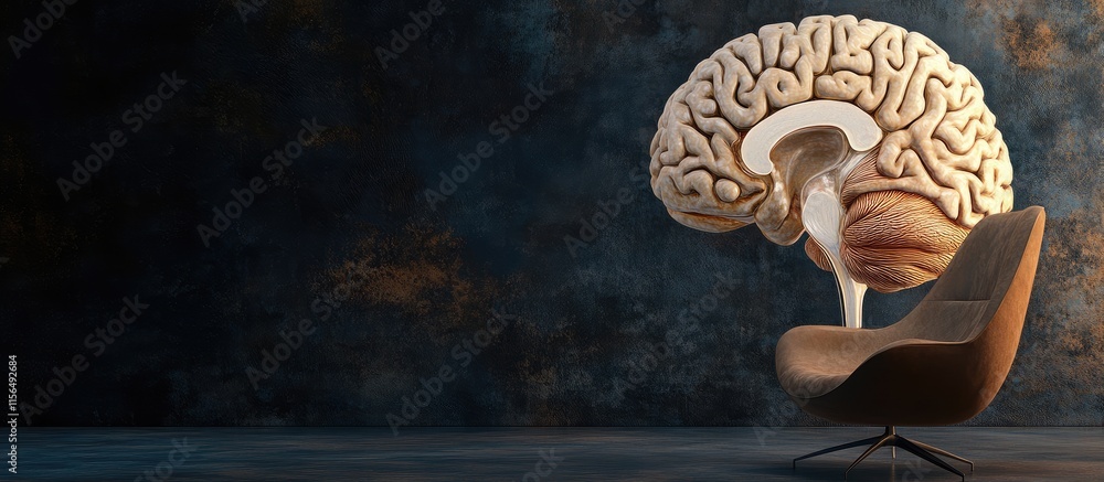 Poster 3d brain scan visualization in artistic lounge setting with space for text overlay and creative conc