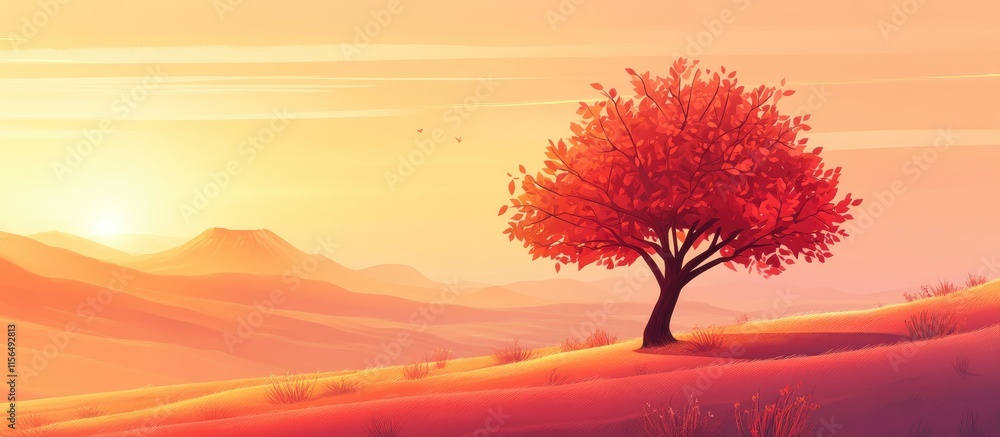 Poster serene autumn sunset landscape with a solitary tree in a caldera and ample empty space for text or d