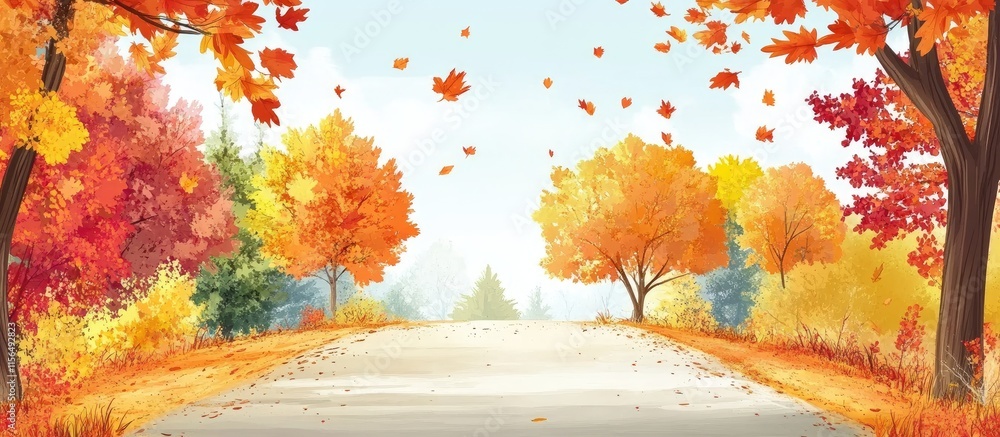 Poster autumn landscape featuring vibrant trees along an empty road with space for text and colorful fallin