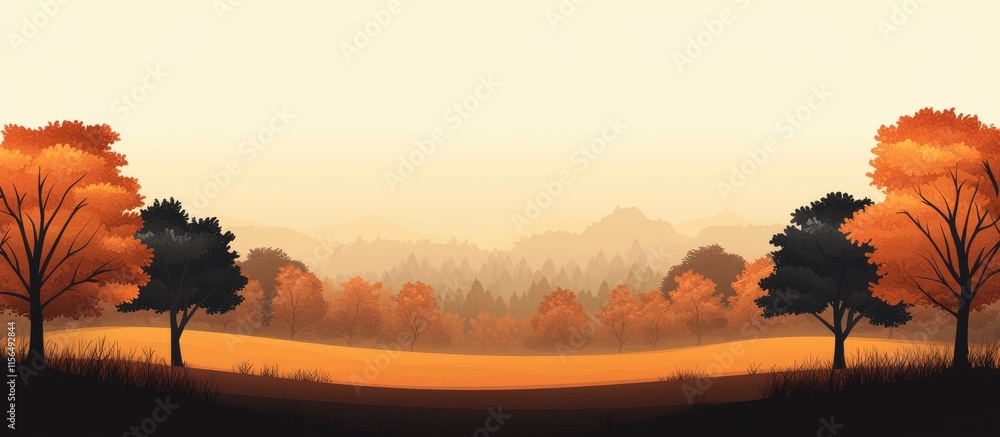 Poster autumn foggy landscape with silhouette trees and golden fields creating a serene atmosphere for text