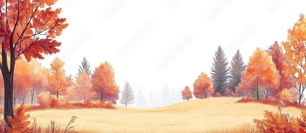 Poster autumn landscape with vibrant trees and open field ideal for adding text or messages in serene outdo