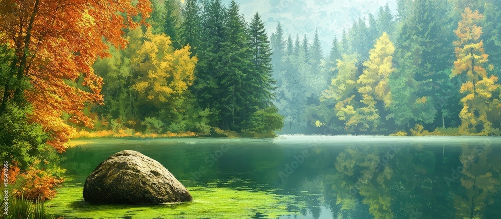 Poster Serene autumn landscape featuring a rock in an algae covered lake surrounded by vibrant coniferous forest and clear space for text placement