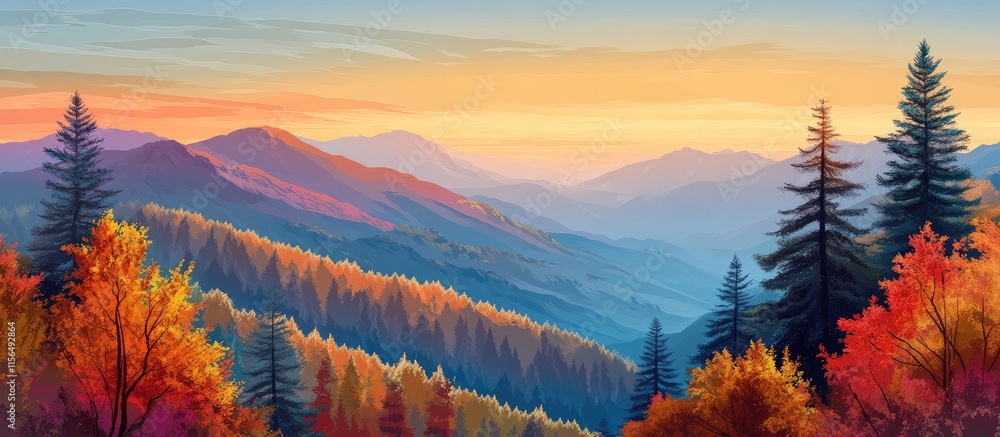 Poster autumn mountain landscape with colorful trees and vibrant sky providing ample empty space for text a