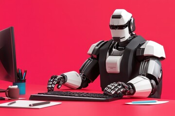 A robot is working using a computer in the office