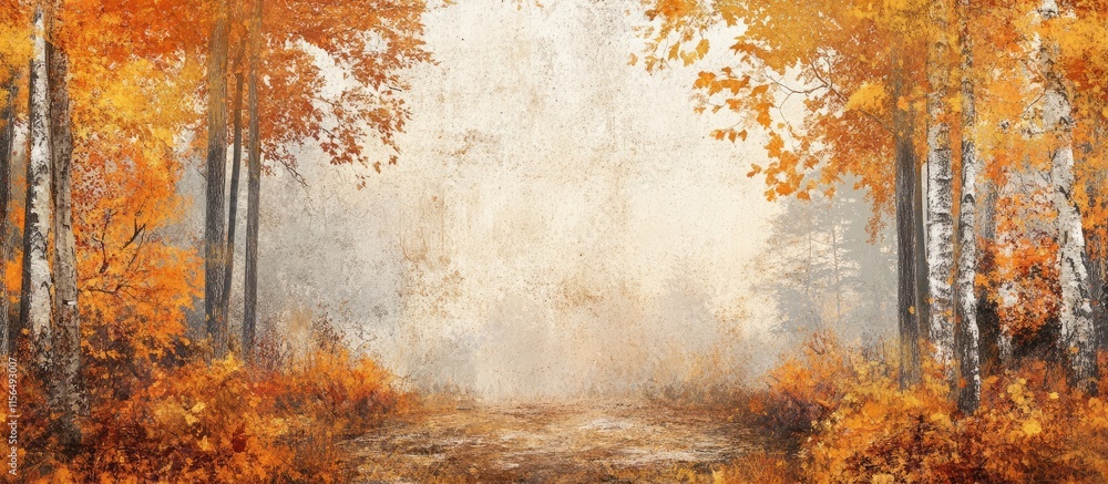 Poster tranquil autumn forest landscape with vibrant foliage and soft mist offering ample space for persona
