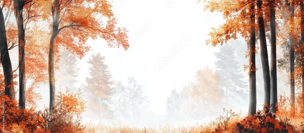 Poster autumn forest scene with vibrant orange leaves and soft fog creating an inviting space for text or o