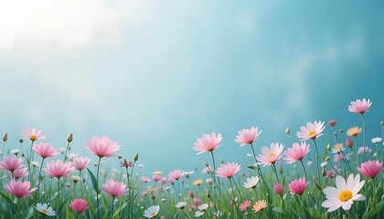 Pink and White Flowers Bloom in Sunny Field