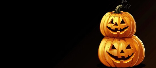 Stacked Halloween Pumpkins with Smiling Faces and Dark Background Ideal for Seasonal Decorations and Custom Text Space