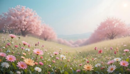 Pastel Flowers Bloom in a Dreamy Spring Meadow