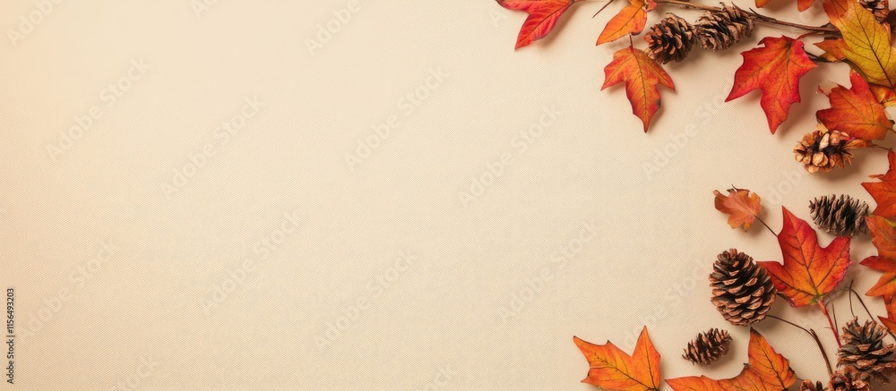 Poster autumn decor display with colorful leaves pinecones and blank space for custom text or quote
