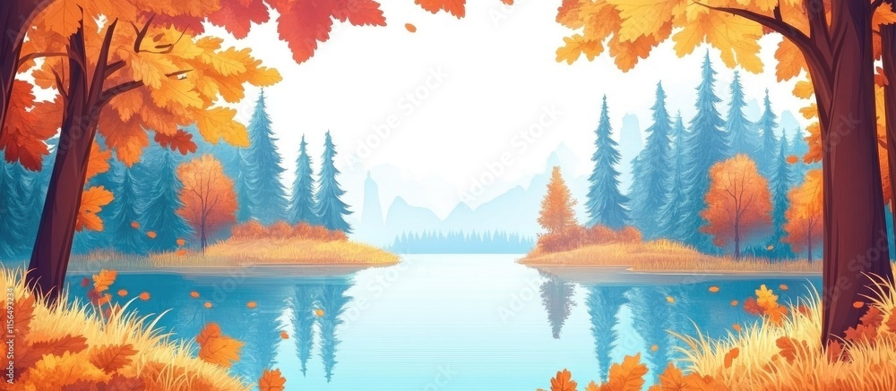 Poster vibrant autumn forest landscape with colorful foliage and tranquil lake reflection ideal for text ov