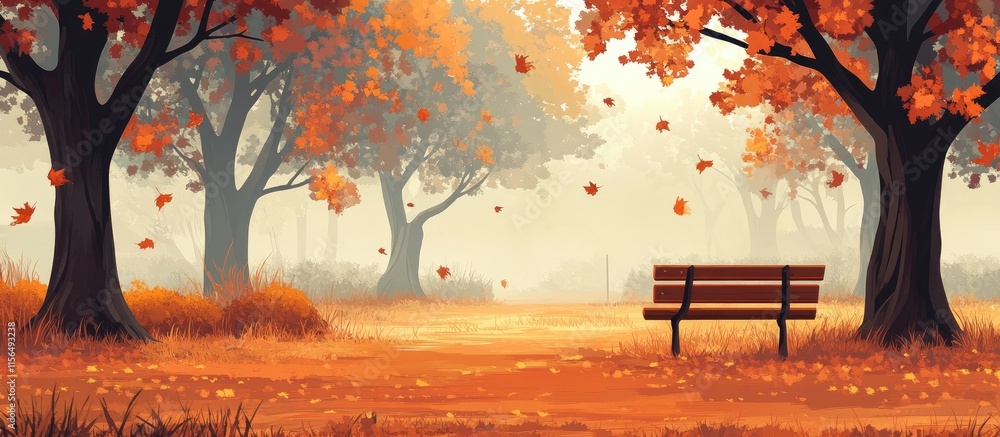 Poster serene autumn park scene with colorful foliage old trees and inviting empty bench for text space